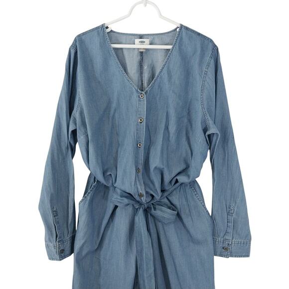 OLD NAVY! BLUE CHAMBRAY LIGHTWEIGHT, BELTED TIE WAIST JUMPSUIT, ONESIE! SZ XL - Picture 3 of 9